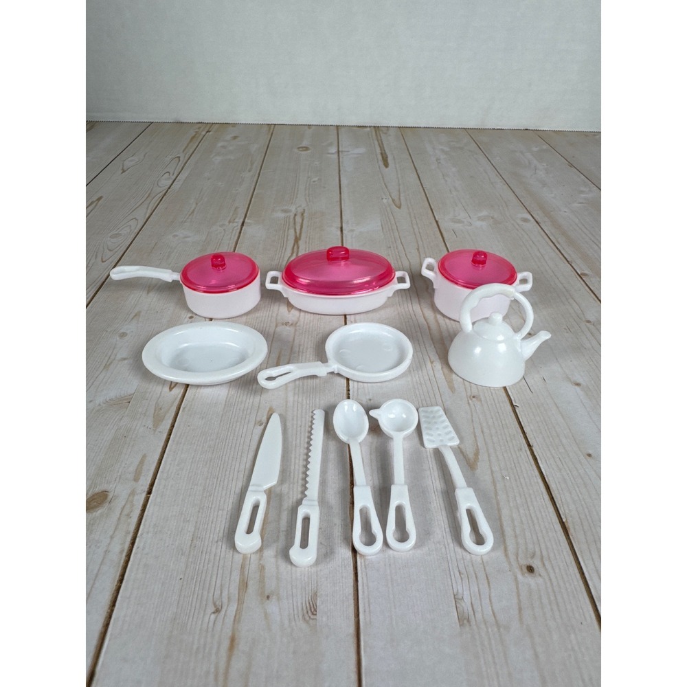 Barbie Kitchen Cookware Set Pots Pans Utensils Pink Lids Doll‎ Accessories Lot